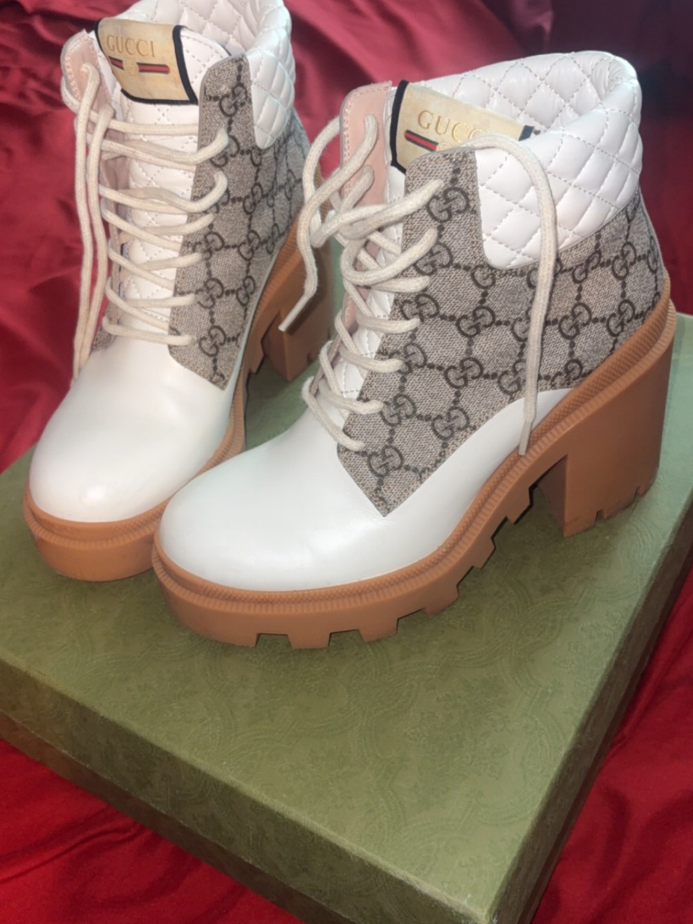 Gucci White Quilted & Beige GG Lace-Up Platform Ankle Boots